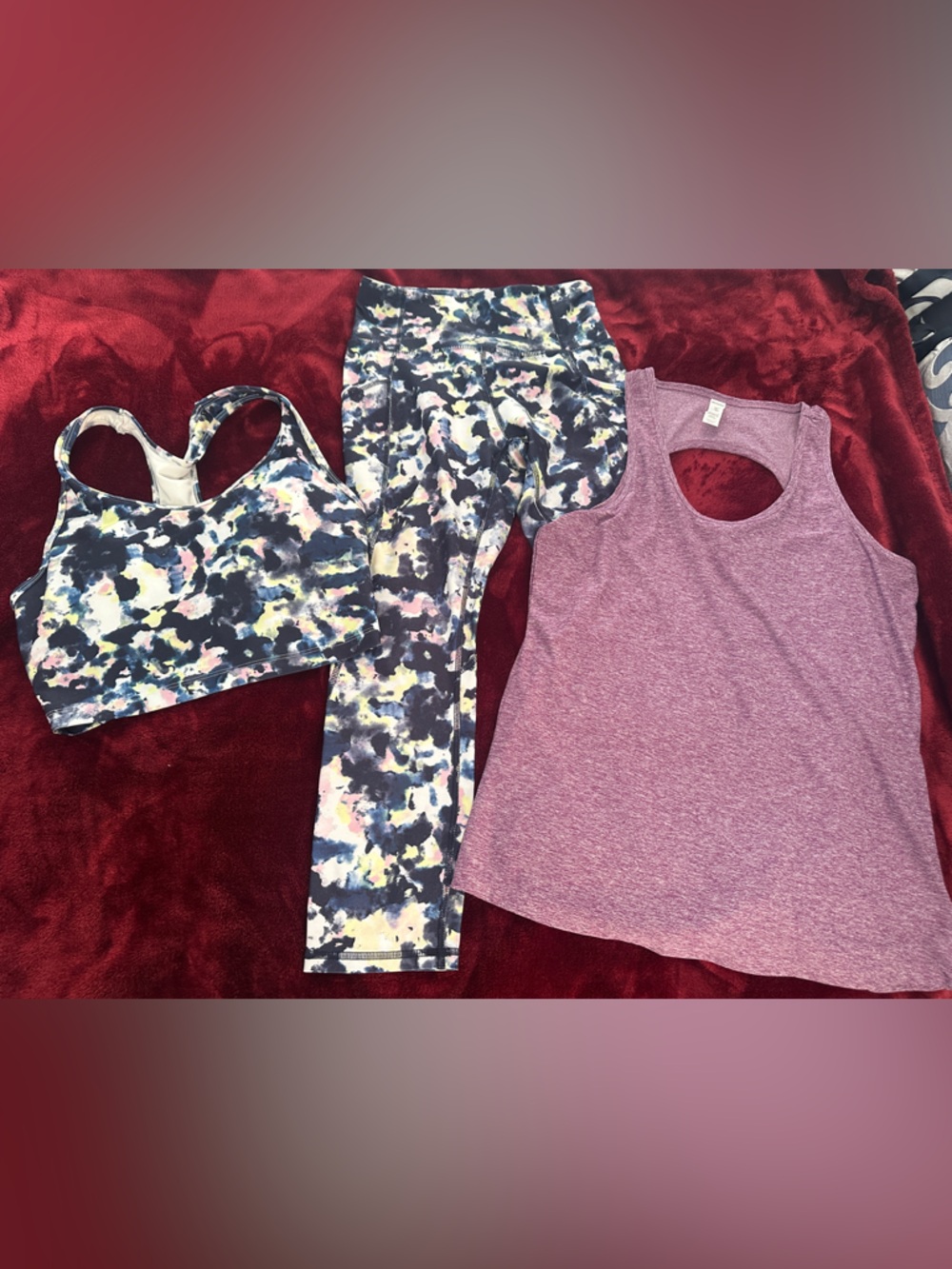 Marika Multicolor Splash Capri Leggings & Sports Bra Set with Plum Tank S/M